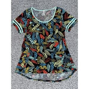Lularoe Sz Large Short Sleeve Multicolor Feathers Striped Tunic Top Blouse